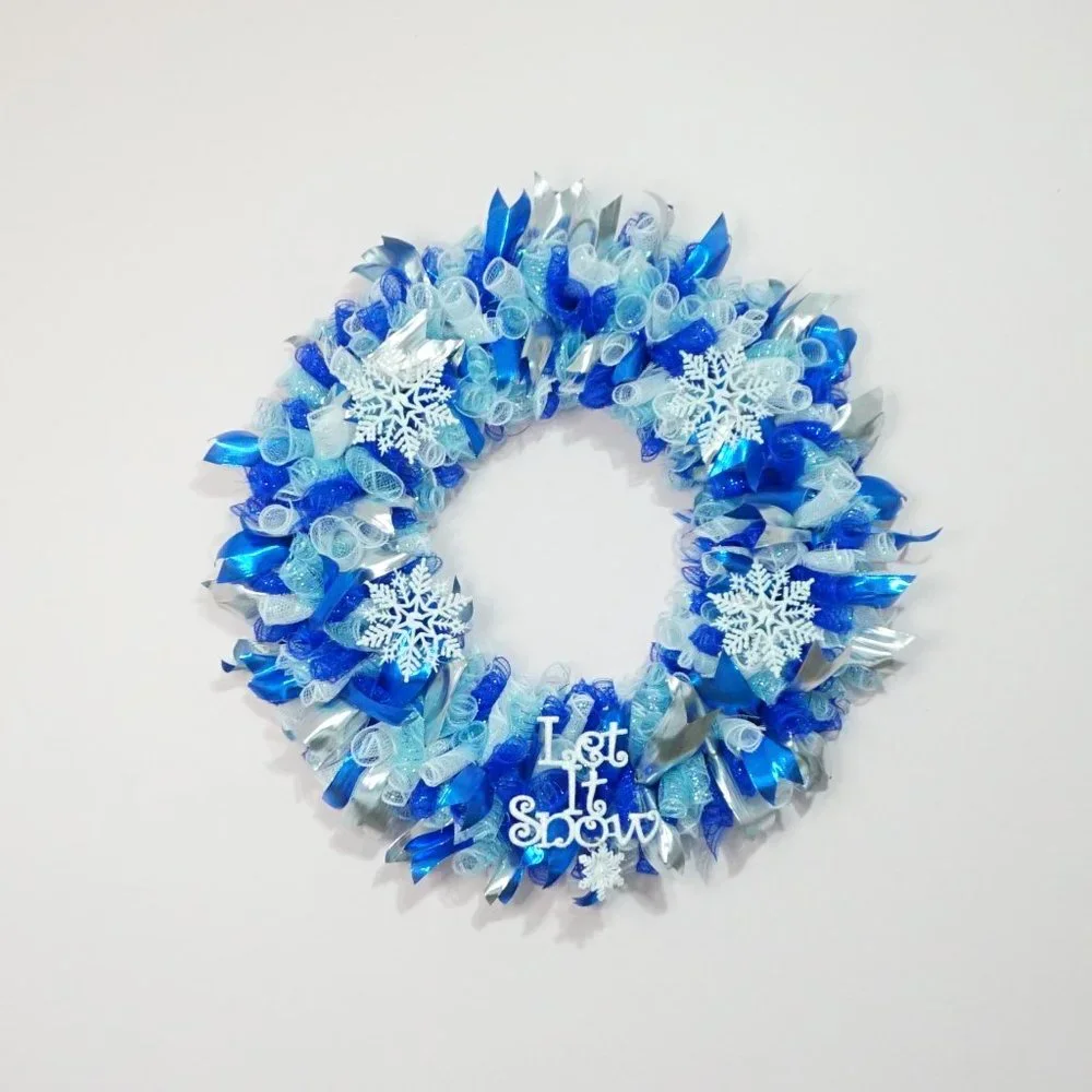 Blue and White Let It Snow Deco Mesh Wreath with Snowflake Accents